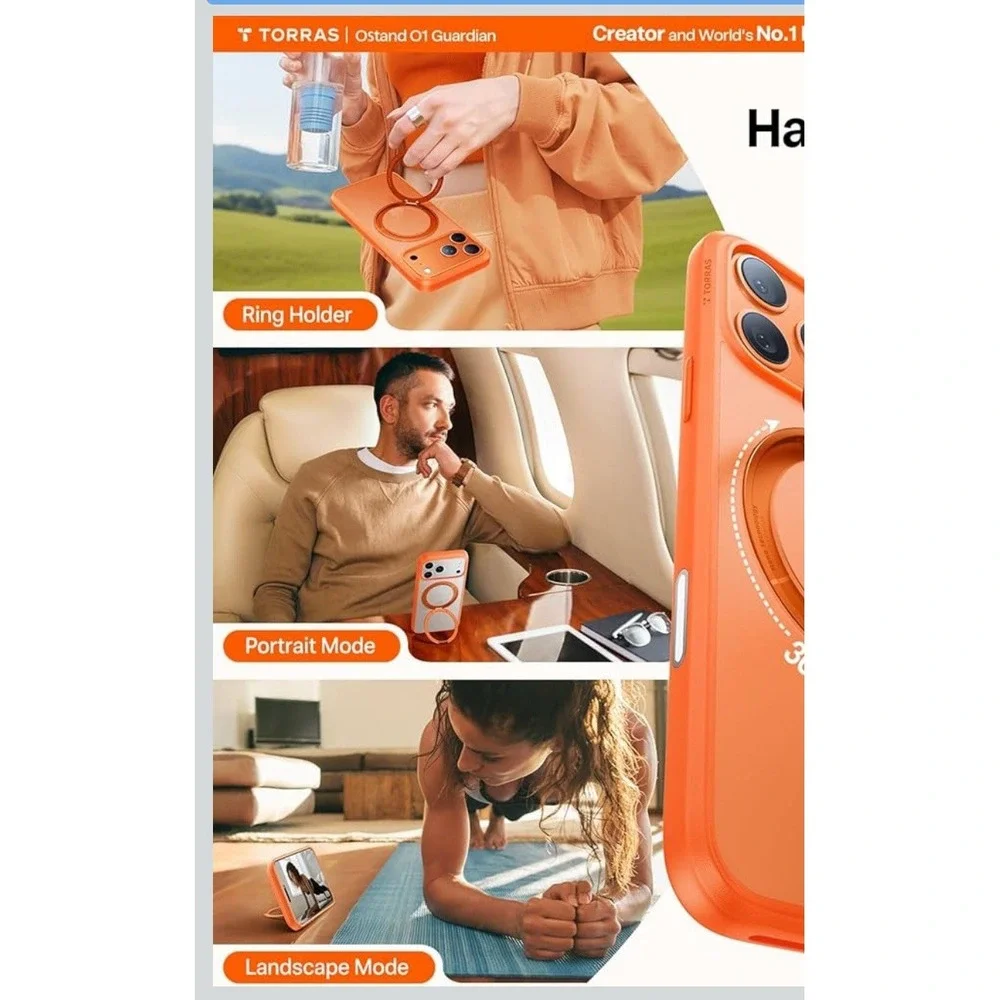 TORRAS Upgraded 360 Magnetic Stand for iPhone 17 Pro Max‎ Case- Orange